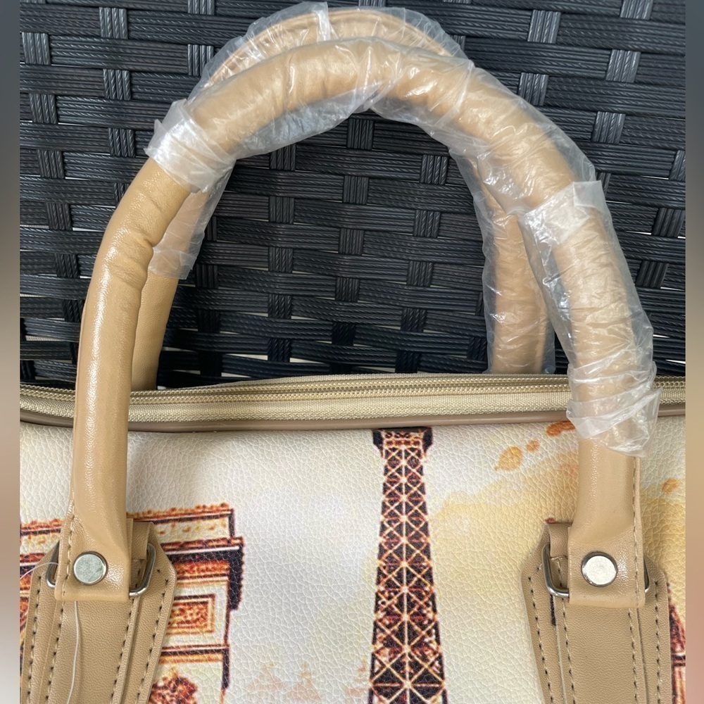 Women’s Bag,Paris Print Women's Bag - Tan and Cream,travel Bag, - Picture 6 of 11